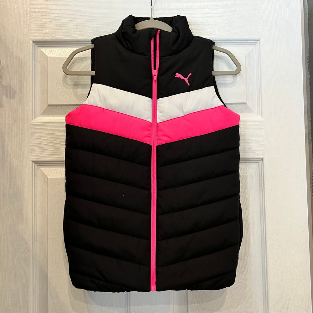 Puma Puffer Vest Polyester Quilted Black Pink White Sporty Barbiecore Sz M